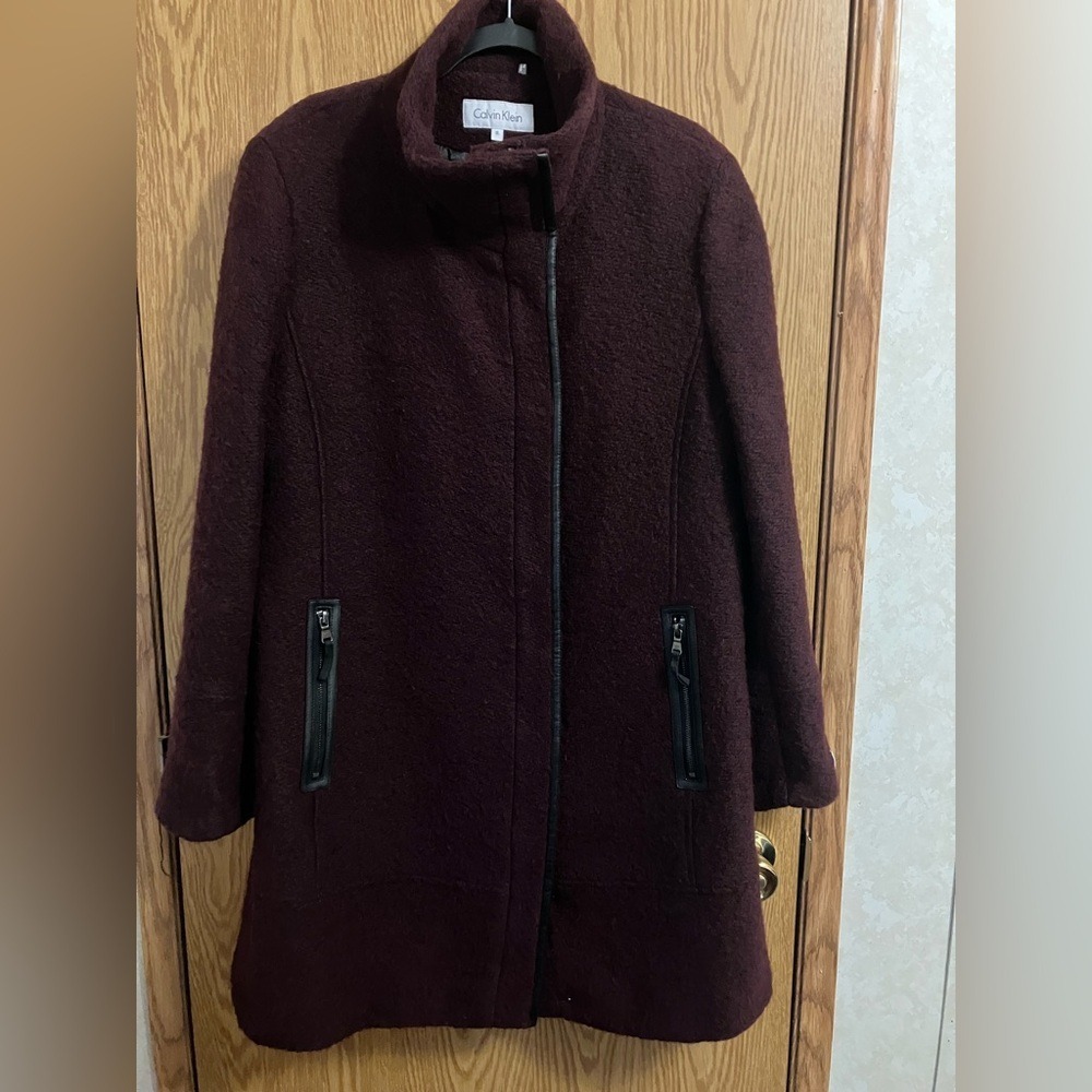 Calvin Klein Deep Burgundy Twill Wool Blend‎ Coat Women's XL FREE SHIPPING